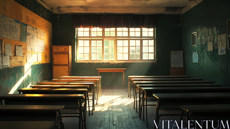 Sunlit echoes wander through an abandoned green classroom.