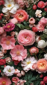 Dense floral arrangement featuring pink and white roses with varied bloom types and green foliage