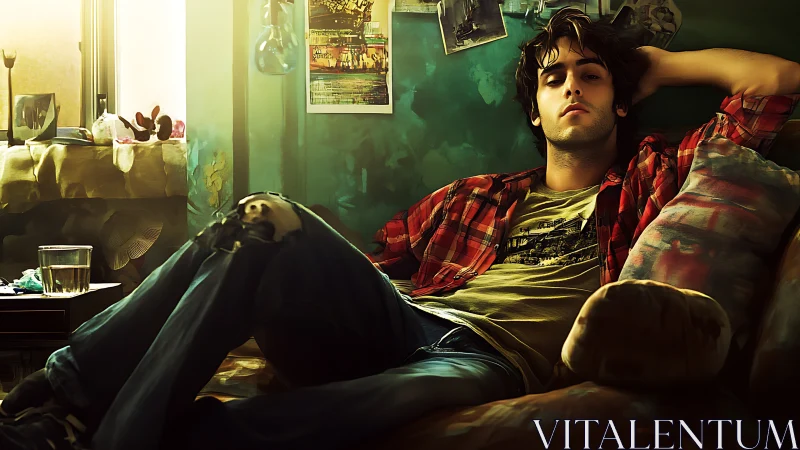 Young man reclines on worn sofa in dimly lit bedroom