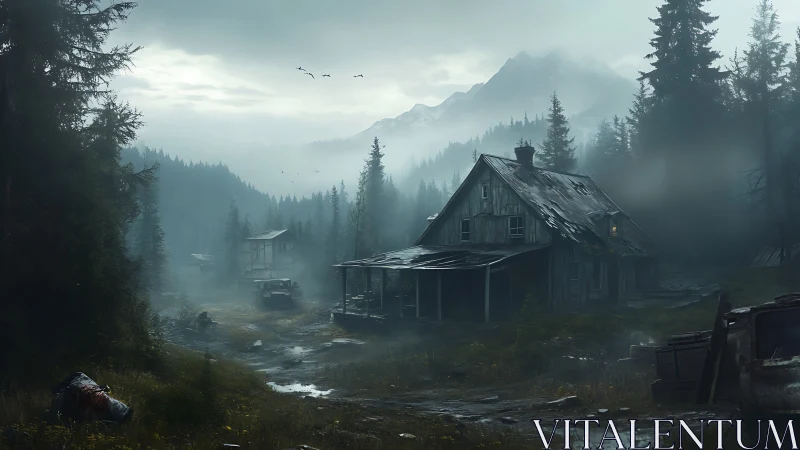Fog-drenched derelict homestead in montane conifer valley.