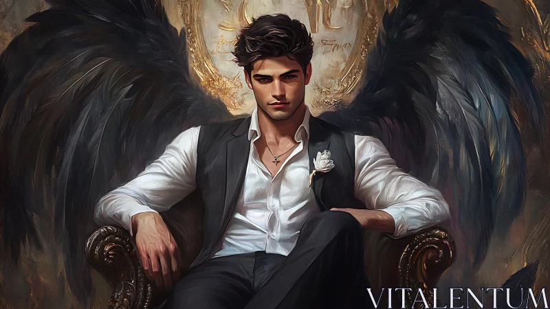 Dark-winged angelic gentleman seated in baroque throne.
