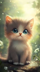 Illustration of Feline Kitten with Teal Eyes in Botanical Setting.