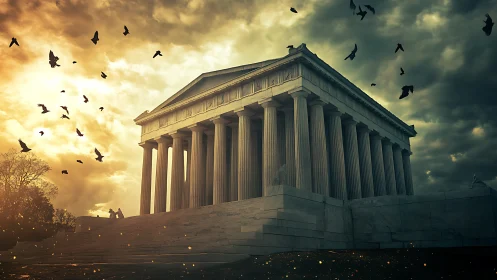 Classical colonnaded temple stands under dense dramatic sky