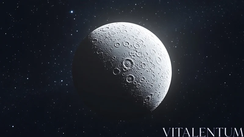 Rendered lunar body shows cratered surface in stark profile