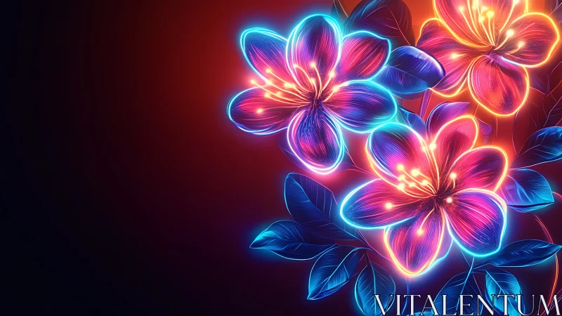 Neon floral cluster with blue foliage on dark gradient field.