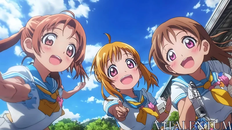Three anime schoolgirls lean toward viewer under blue sky
