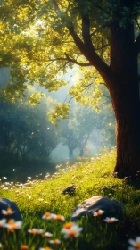 Sunlit tree stands over grassy slope with scattered wildflowers