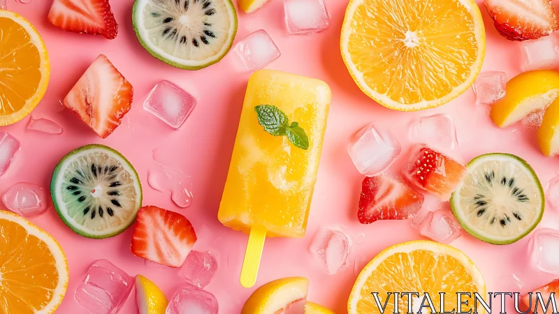 Citrus ice lolly rests amid sliced fruit and melting cubes