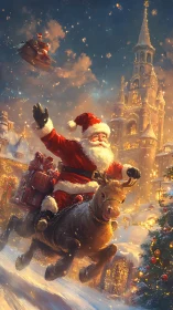 Digital illustration shows Santa riding reindeer in city square