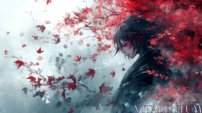Melancholic anime figure amid swirling crimson leaves.
