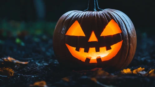 Illuminated carved pumpkin in dark outdoor setting at night.