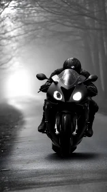 Midnight rider carving through a misty forest road.