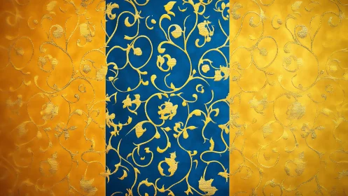 Golden floral swirls dancing on rich blue and amber bands.