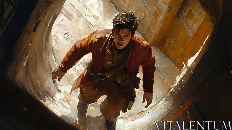 Young explorer in shaft surrounded by warm brushwork.