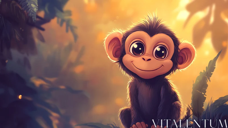Wide-eyed cartoon monkey in backlit golden jungle clearing