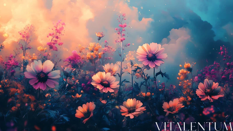 Glowing Floral Field Against Twilight Sky.