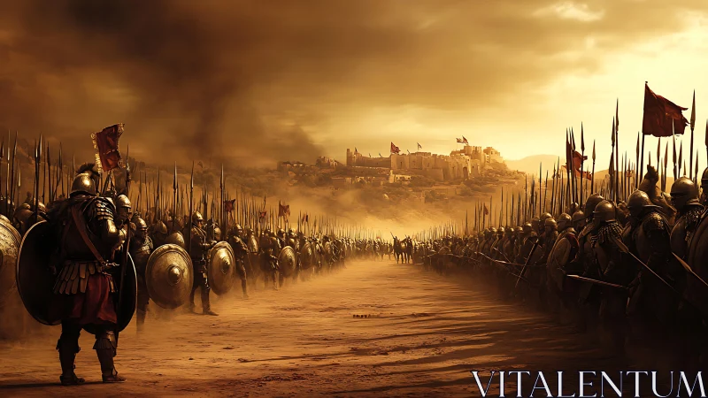 Medieval armored legions facing off before fortified citadel.