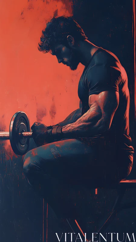Focused weightlifter resting between sets in warm red light.