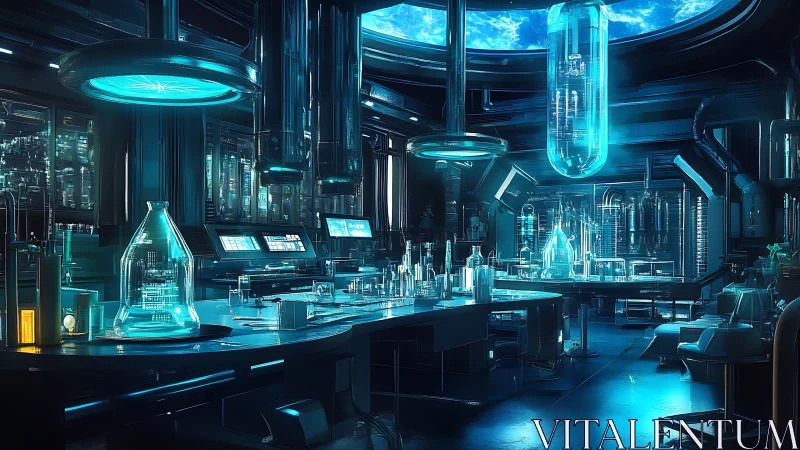 Futuristic biolab interior glowing with cyan volumetric light.