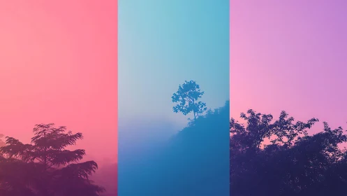 Dreamy gradient forest panels capture tranquil pastel dawn
