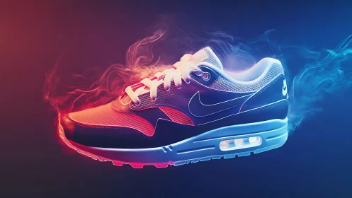 Glowing neon sneaker drifting through electric color haze.