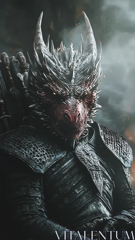 Draconic warlord in black plate armor under stormlight.