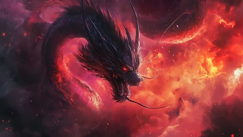 Fiery serpentine dragon coils through burning storm clouds.