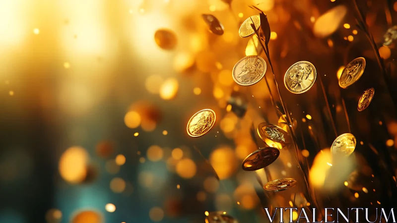 Golden coinfall in a sunset meadow of sparkling fortune.