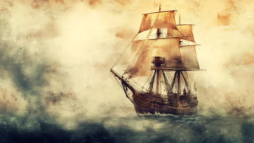 Tall wooden sailing ship moves through misty open water