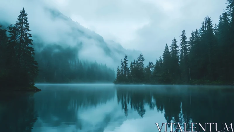 Misty Alpine Lake Surrounded by Coniferous Forest and Mountains.