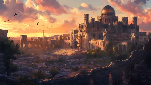 Sunlit fantasy citadel crowns a bustling ancient valley.