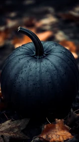 Matte black pumpkin with water droplets in autumn setting.