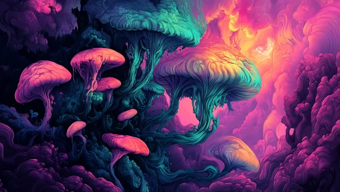 Luminescent alien mushrooms rise in swirling neon forest