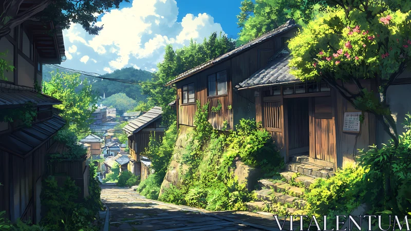 Sunlit hillside alley in tranquil rural Japanese neighborhood.