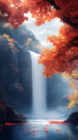 Vertical waterfall descends between cliffs amid autumn foliage