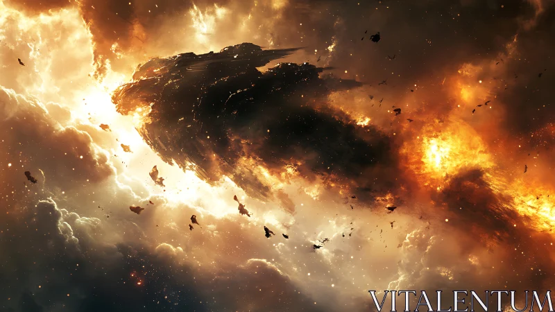 Large spacecraft amid stellar explosion and debris field.