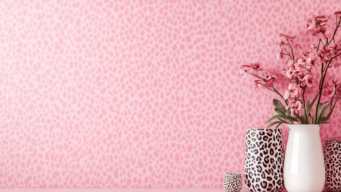 Pink floral vignette with leopard ceramics and soft light.