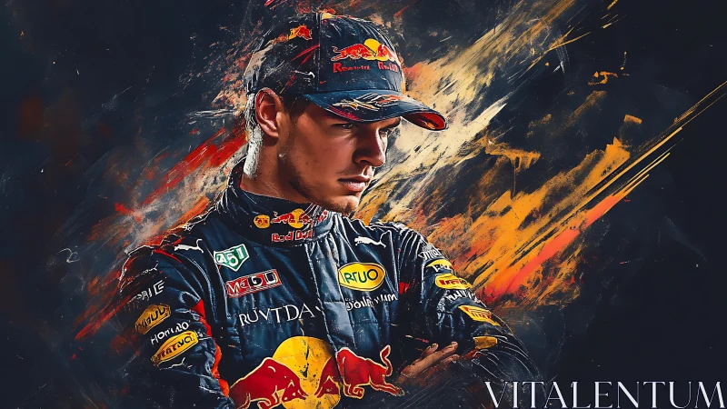Motorsport driver portrait in dynamic digital paint explosion.
