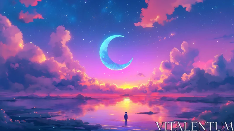 Crescent moon over reflective ocean at pastel twilight horizon