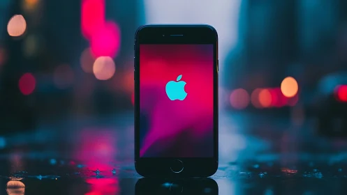 Luminescent Apple Device in Neon Urban Nocturne.