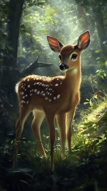 Digital painting study of a fawn in dappled forest light.