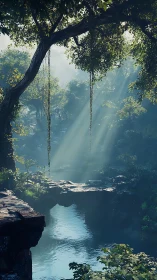 Forest stream beneath dense canopy with morning light penetration.