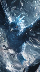 Large blue avian creature is depicted in dynamic mid-flight