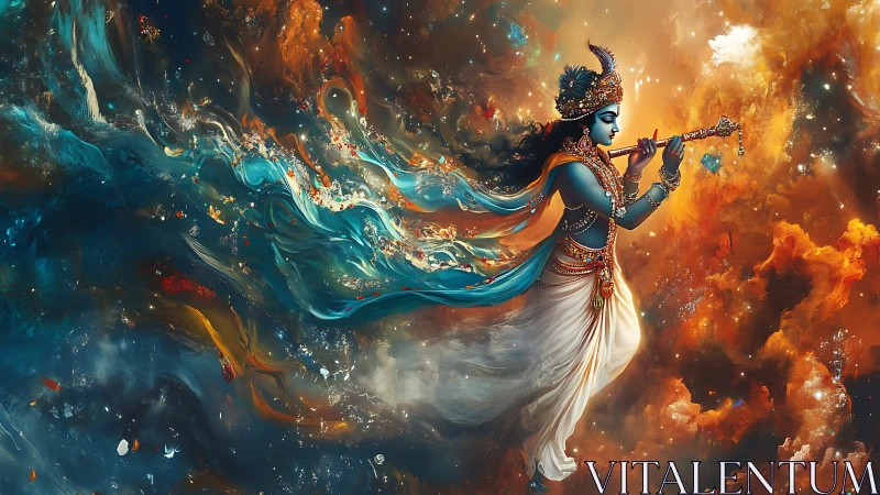 Celestial flute player drifting through swirling starlight.