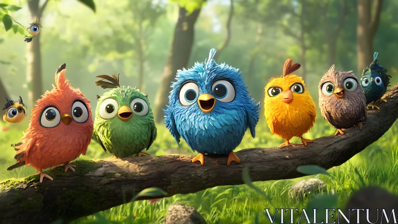 Adorable Cartoon Birds on Forest Branch in Vibrant Digital Art.