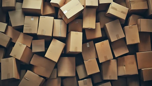 Dense overhead array of taped cardboard shipping boxes in storage