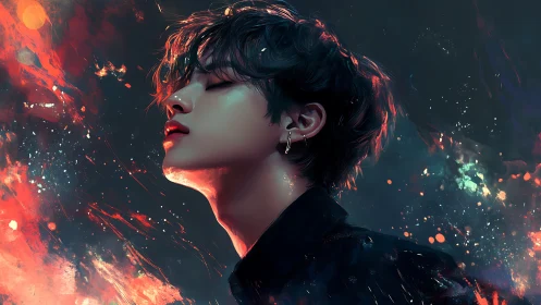 Digital painting portrait with iridescent nebula lighting effects.