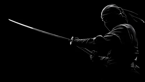 Stealthy ninja silhouette holds twin swords in tense darkness