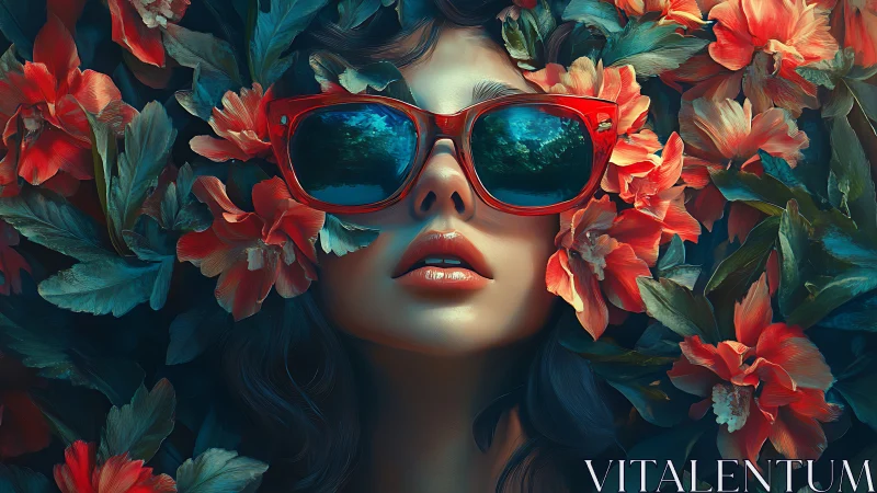 Digital painting portrait with floral frame and reflective shades.