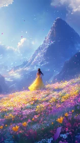 Woman in yellow dress crossing vast alpine flower meadow.